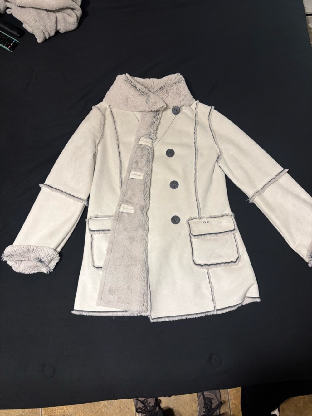 Lole Plush Light Gray Faux Shearling Coat with Yellow Brand Tab